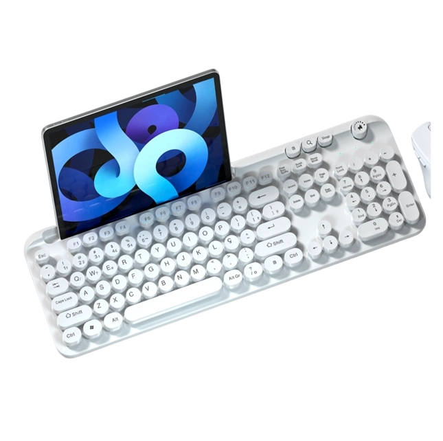 Teclado Inalámbrico 2.4G y Bluetooth | Recargable Tipo-C | Batería de 500mAh | Perilla de Volumen | Tamaño Completo de 104 Teclas