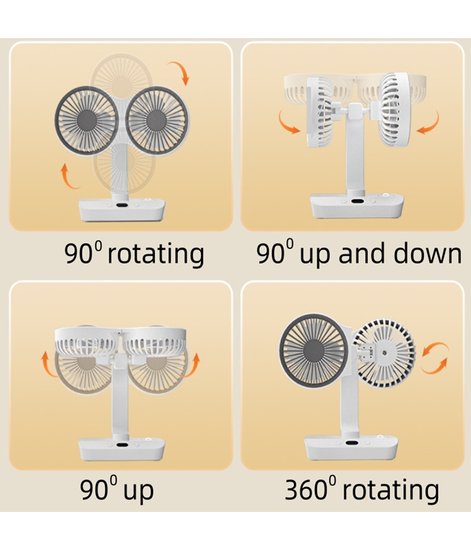 Ventilador Recargable 4 en 1 con Lámpara, Escritorio/Pared/Colgante, Rotación de 360 grados y Batería de 2400mAh