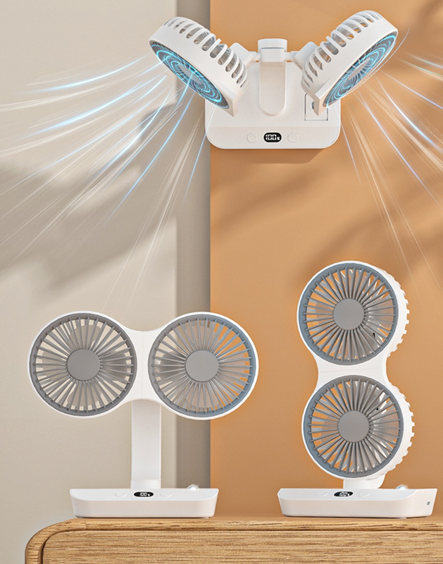 Ventilador Recargable 4 en 1 con Lámpara, Escritorio/Pared/Colgante, Rotación de 360 grados y Batería de 2400mAh